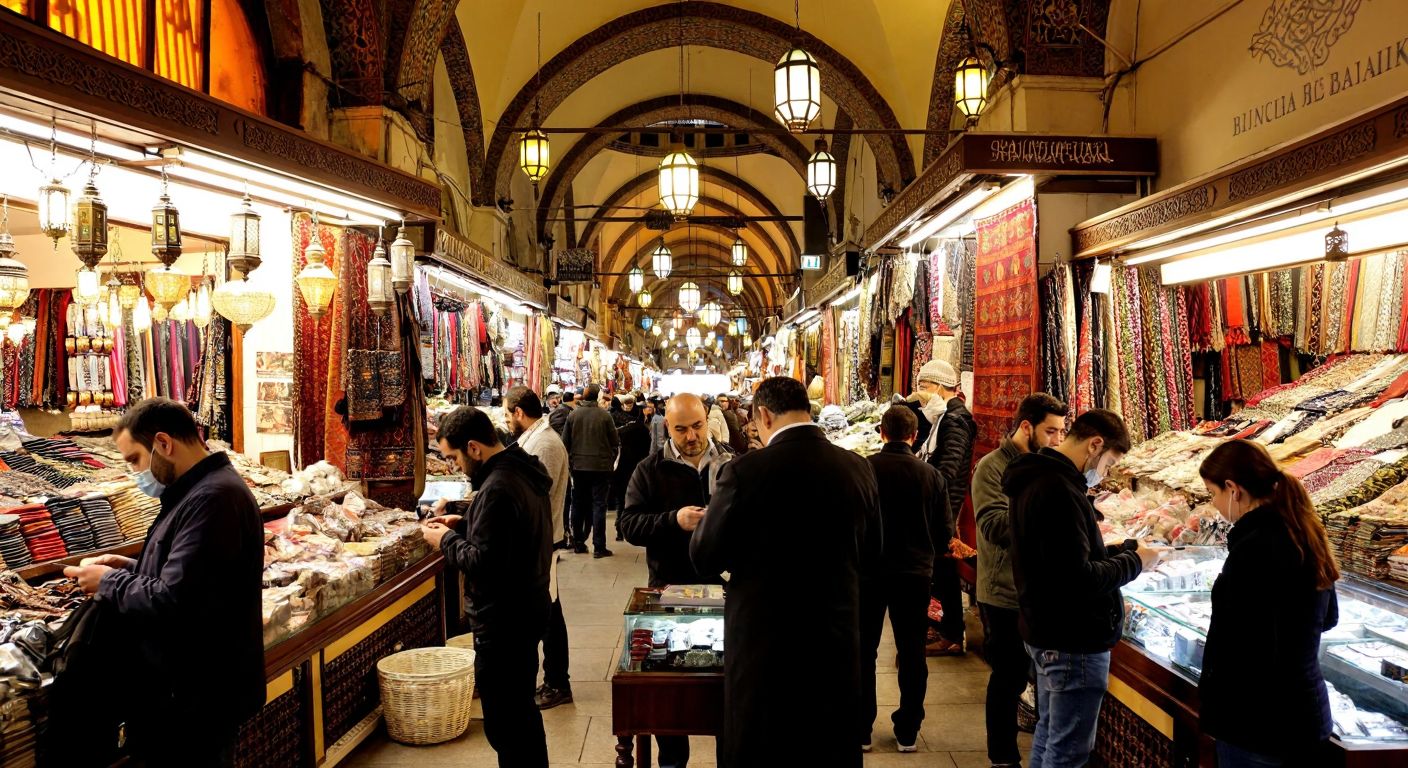 A bustling scene inside Istanbul's Grand Bazaar, with merchants exchanging currencies and customers checking their phones, surrounded by vibrant textiles and hanging lanterns.