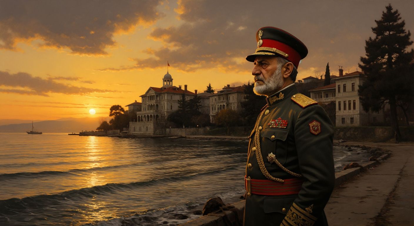 A solemn, elderly Ottoman-era man in a military uniform with a decorated fez stands pensively on the shores of Büyükada, gazing at the distant silhouette of a historic school building under a golden sunset.
