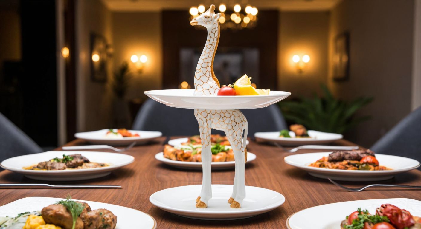 A tall, elegant porcelain giraffe-shaped serving tray placed on a wooden dining table, surrounded by steaming Turkish dishes like kebabs and mezes, with a warmly lit chandelier above reflecting off the fine china.