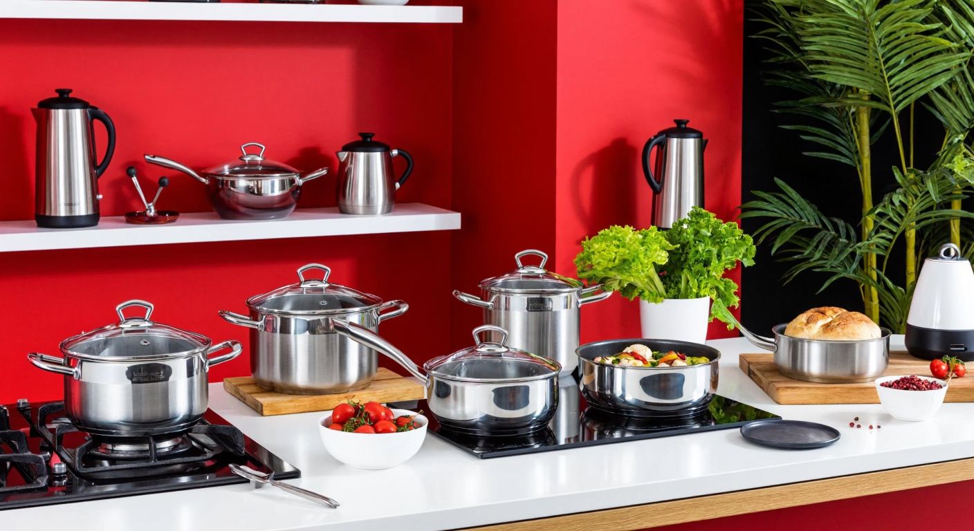 A vibrant Turkish kitchen counter displays Emsan Bella Gusto's sleek appliances, Swiss Crystal's shimmering cookware, and Demre's polished steel pots, evoking warmth and culinary excellence.