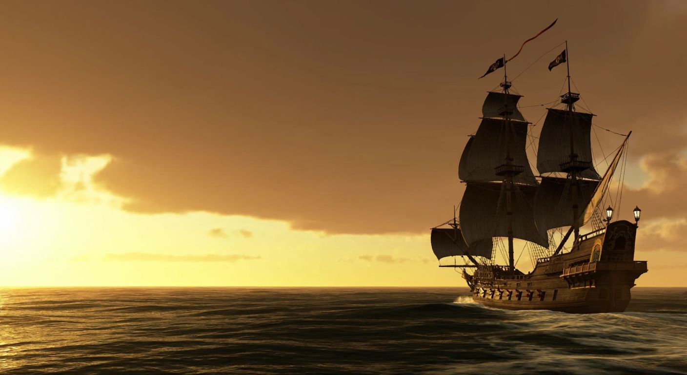 A grand, ancient galleon with billowing sails glides across a vast ocean under a golden sunset, symbolizing Eblia's maritime empire.
