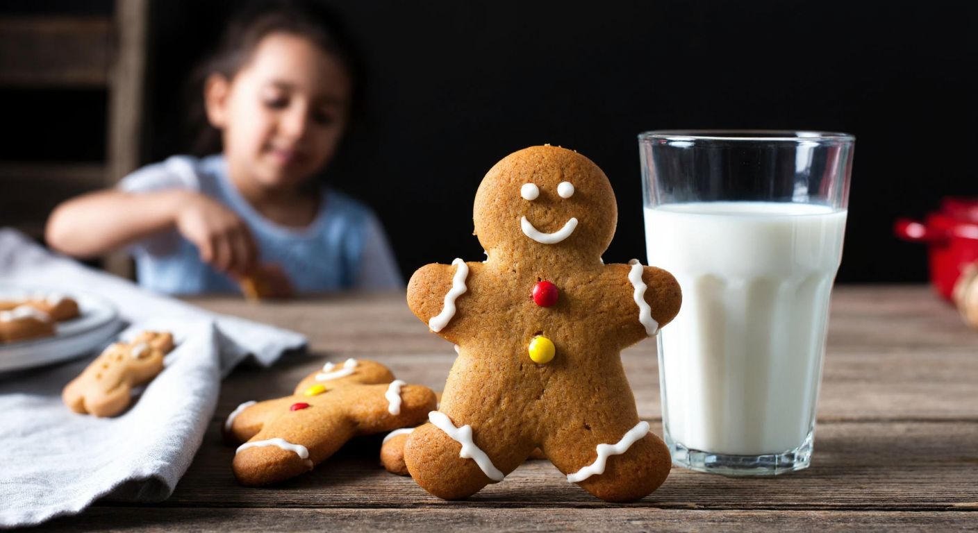 A warm, golden-brown gingerbread man cookie with a smiling face, placed on a rustic wooden table beside a glass of milk, surrounded by happy children and adults of various ages in a cozy Turkish kitchen.