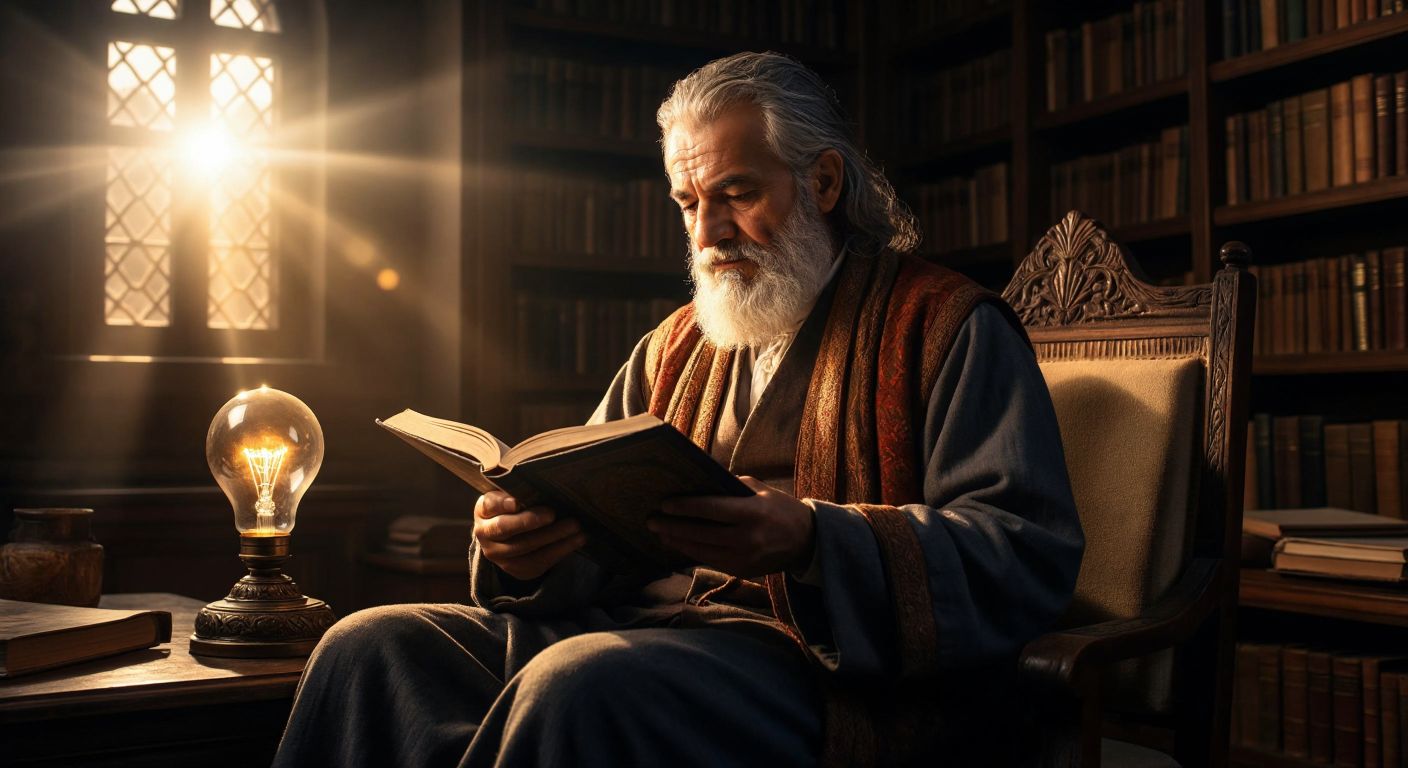 A wise elderly Turkish philosopher with a thoughtful expression, sitting in a sunlit library in Istanbul, holding an ancient book while gazing at a glowing lightbulb symbolizing enlightenment.