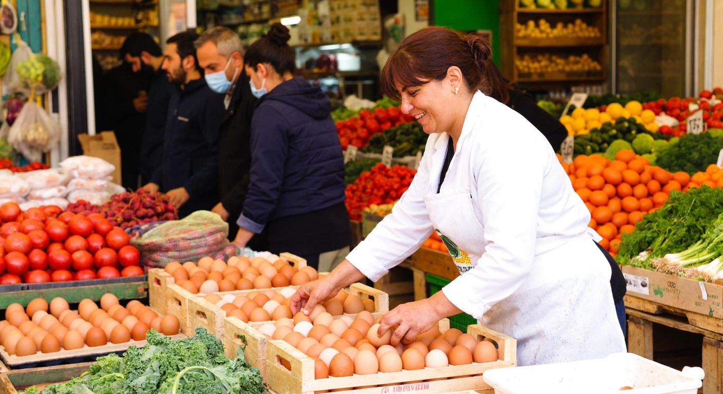 A smiling vendor in a white apron carefully arranges fresh eggs in wooden crates at a bustling Turkish market, surrounded by colorful produce and engaged customers.