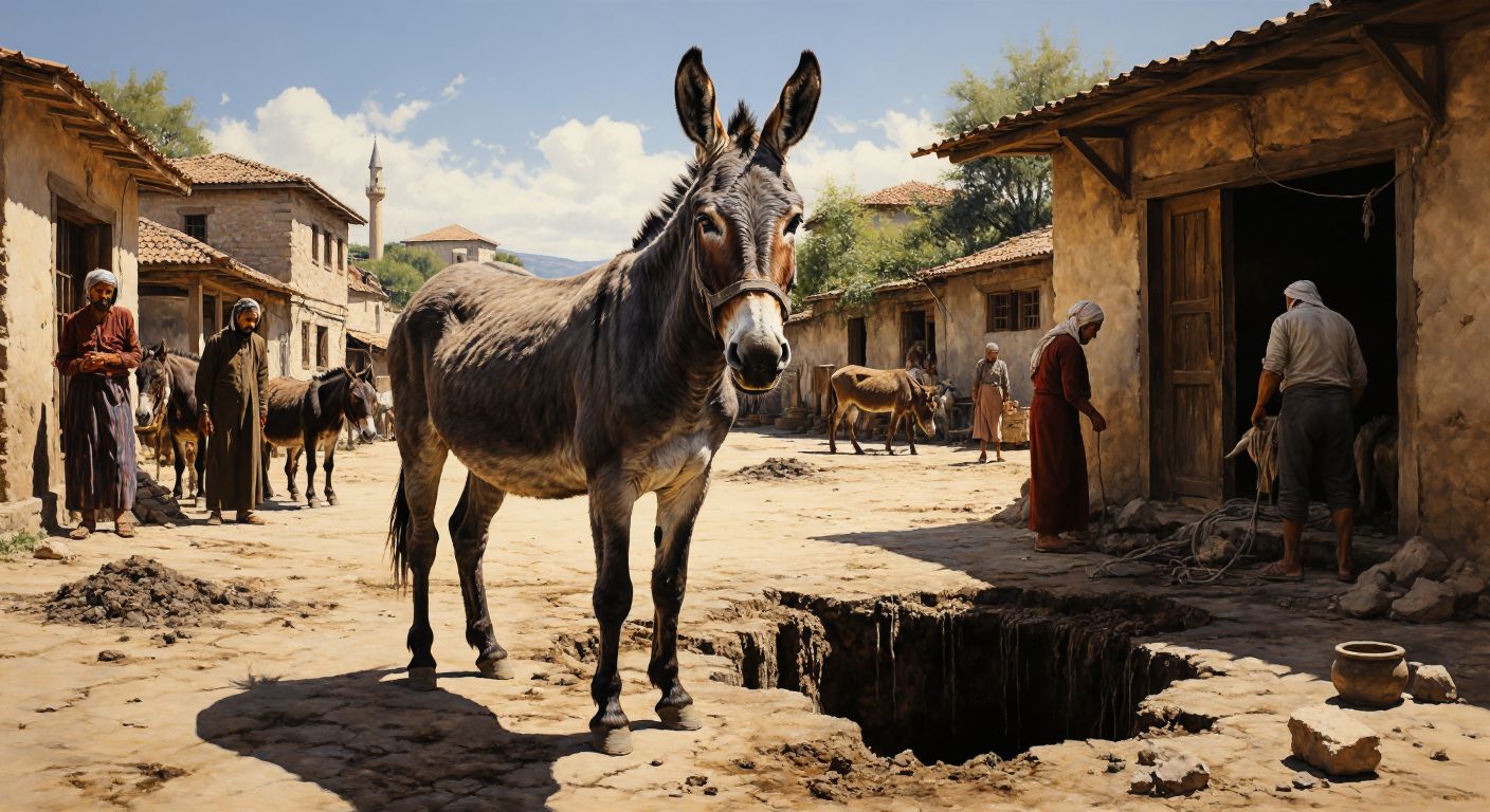 A humble gray donkey standing proudly in a sunlit Turkish village square, surrounded by admiring villagers and other animals, with a deep well and scattered earth nearby symbolizing perseverance.