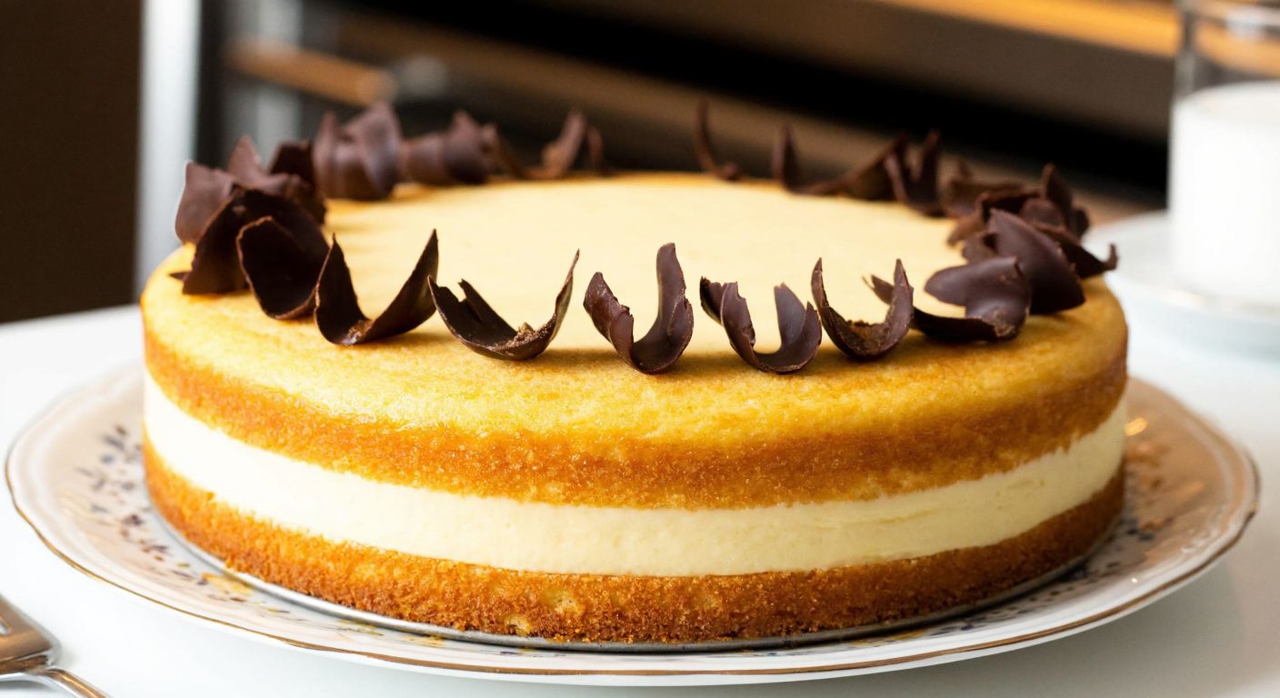 A golden-brown layered cake with smooth, creamy white filling, garnished with delicate chocolate shavings, placed on a decorative porcelain plate in a warmly lit Turkish kitchen.