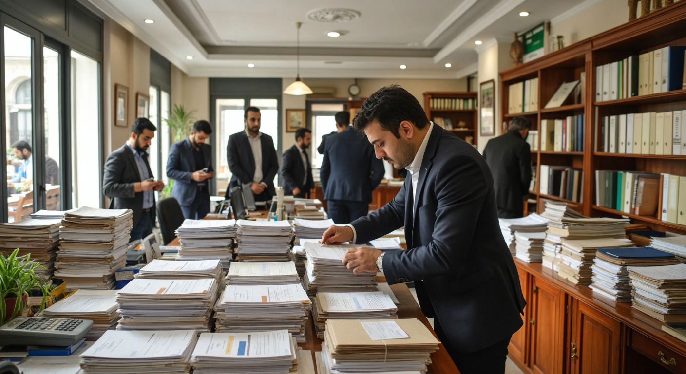 A focused Turkish accountant in a bustling Istanbul office, meticulously organizing stacks of inventory ledgers while business owners and merchants observe attentively.