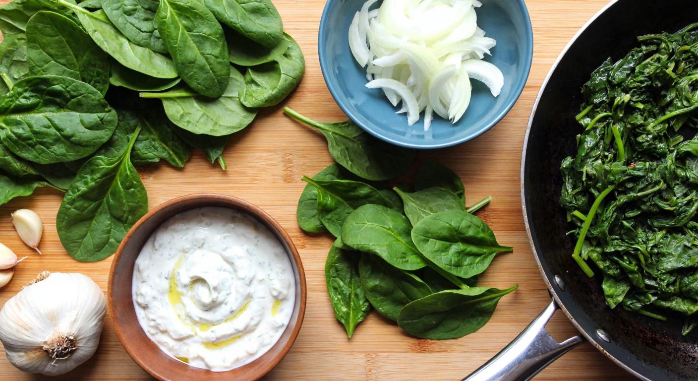A vibrant Turkish kitchen scene with fresh spinach, chopped onions, garlic, and parsley laid out on a wooden counter, next to a bowl of creamy yogurt and a sizzling pan of sautéed greens in golden butter.