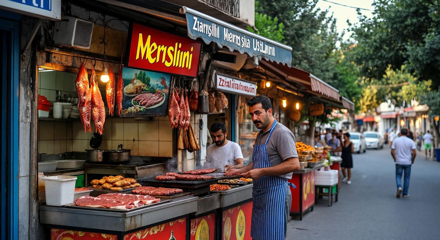 A bustling Fethiye street with two small, vibrant eateries—one displaying a sign for "Mersinli Tantuni" with a man (Fuat Ümmet) grilling meat, and the other ("Ziya Usta'nın Yeri") nestled near a fish market, where a mustached cook serves sizzling tantuni wraps to eager customers.