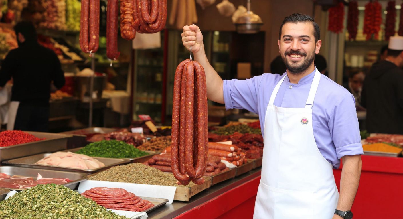 A smiling Turkish butcher in a white apron proudly holding a coil of Coşkun sucuk in a bustling Istanbul market, with trays of fresh spices and meats in the background.