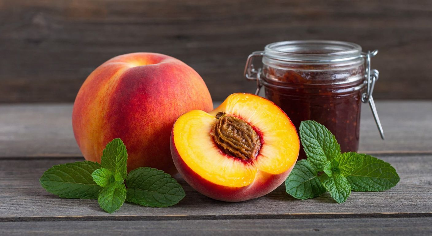 A vibrant, smooth-skinned peach with a glossy yellow-red blush, sliced open to reveal juicy, golden flesh, resting on a rustic wooden table beside a small jar of homemade jam and fresh mint leaves.
