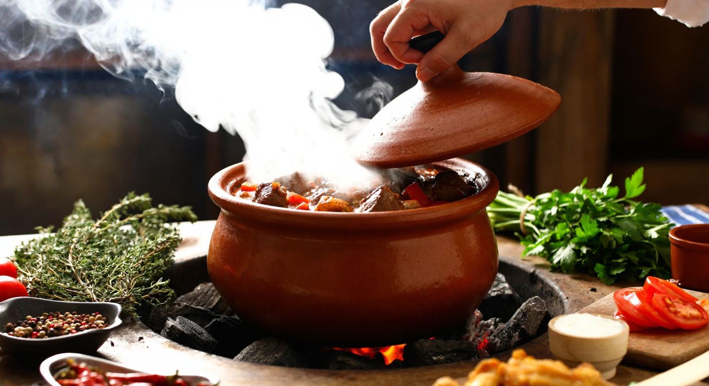 A rustic clay pot filled with sizzling meat stew sits over glowing embers in a traditional Turkish kitchen, with steam rising and the cook's hands adjusting the lid, surrounded by fresh herbs and spices.