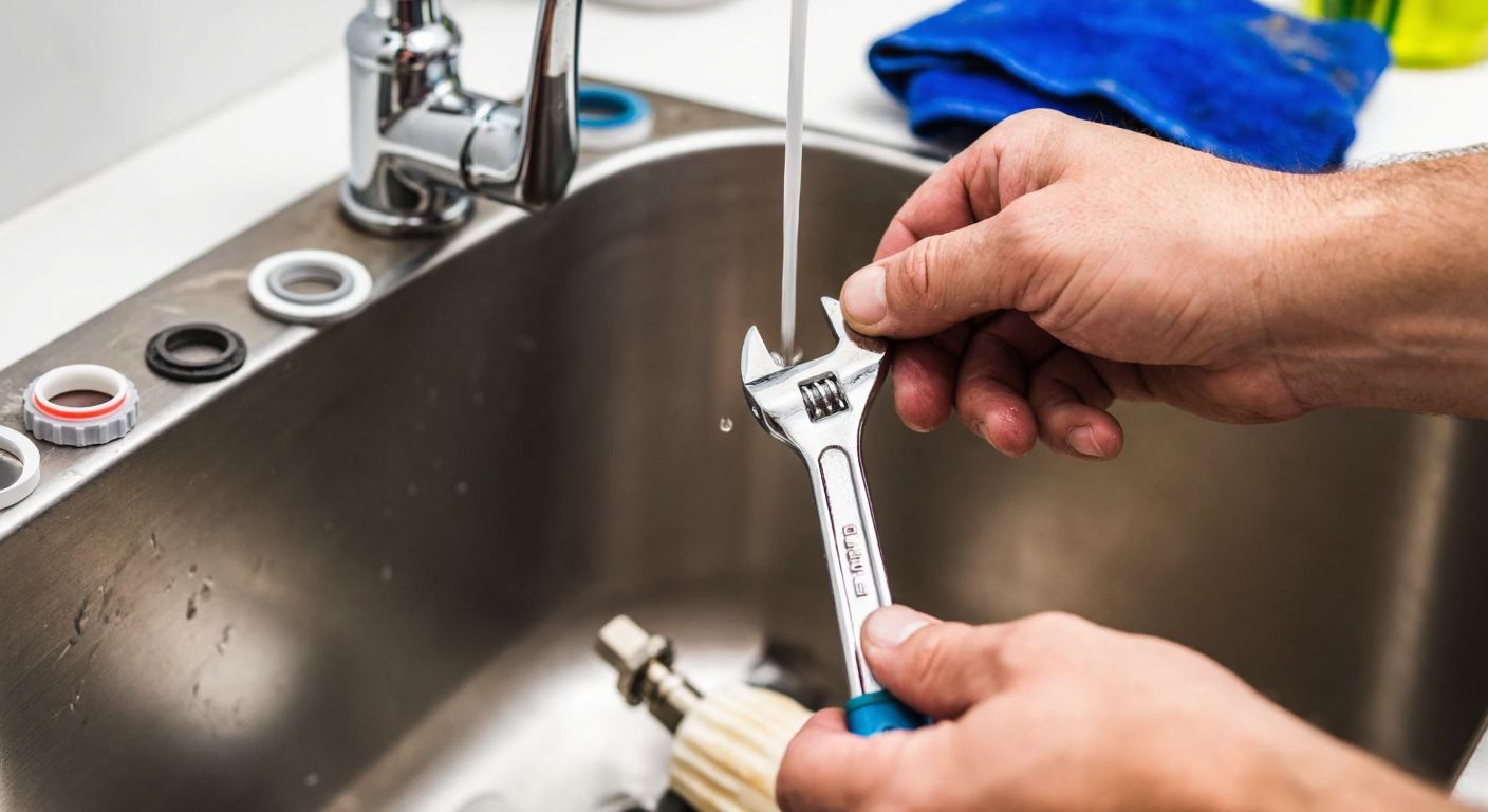 A close-up of a Turkish handyman’s weathered hands tightening a wrench around a dripping water filter faucet under a kitchen sink, with scattered replacement washers and a damp cloth nearby.