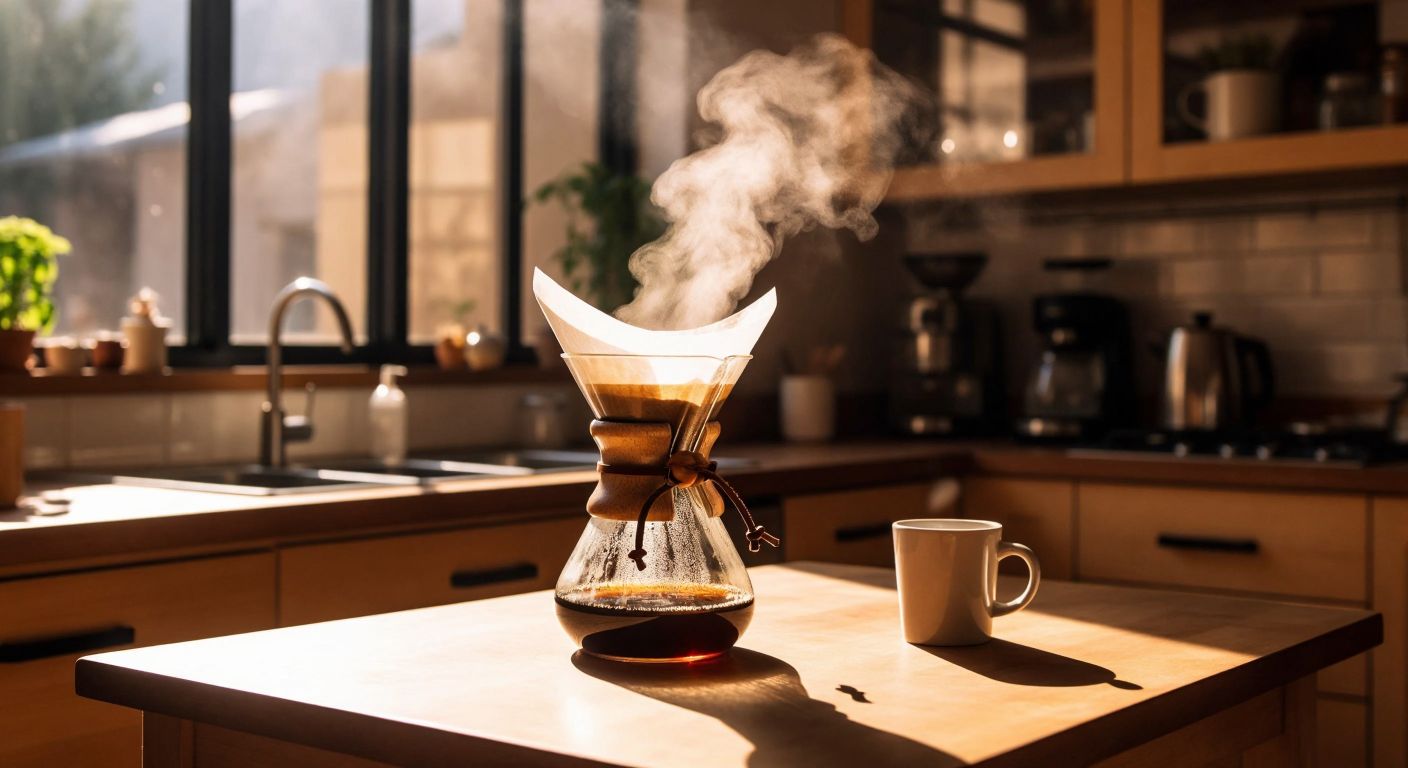 A wooden table in a sunlit Turkish kitchen holds a sleek Chemex brewer with a folded paper filter inside, as a stream of hot water swirls over freshly ground coffee, releasing aromatic steam into the air.