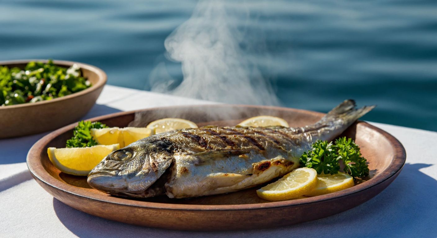 A freshly grilled sokar fish on a rustic wooden plate, garnished with lemon slices and parsley, resting on a sunlit seaside table in Turkey, with a faint wisp of seaweed-scented steam rising from it.