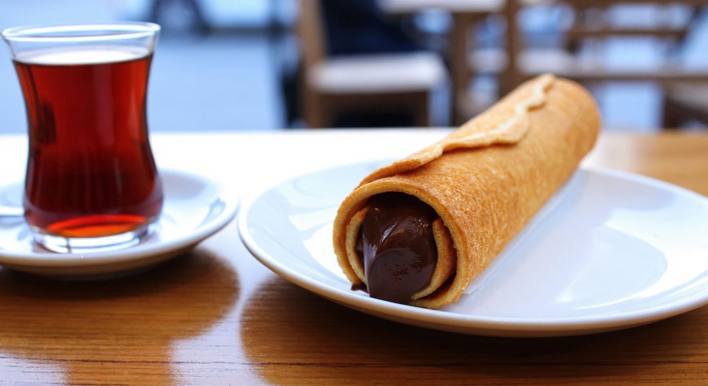A golden-brown rolled wafer with a rich chocolate filling, resting on a wooden table beside a glass of Turkish tea, evoking a cozy café scene in Istanbul.