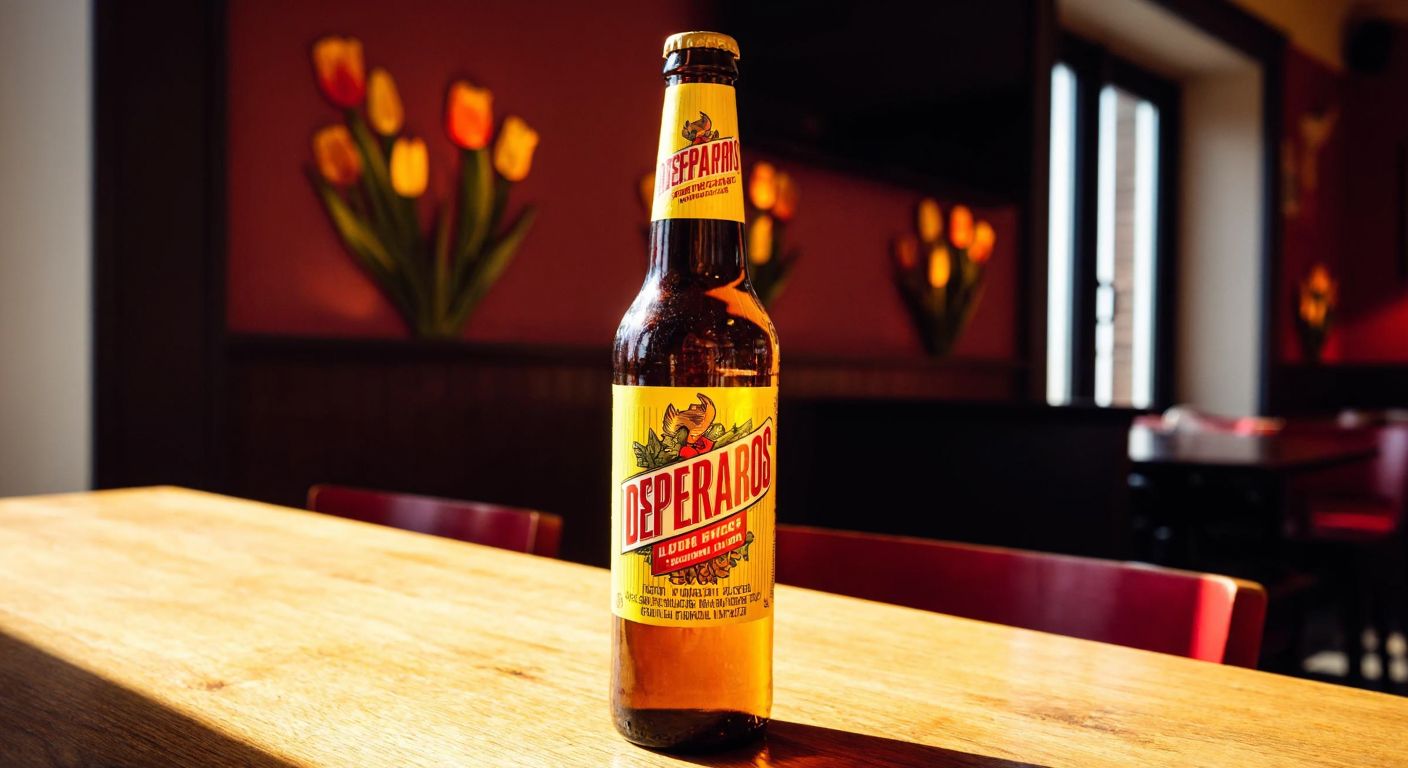 A cold bottle of Desperados beer with a vibrant yellow label, resting on a wooden table in a cozy Dutch pub with tulip motifs in the background.
