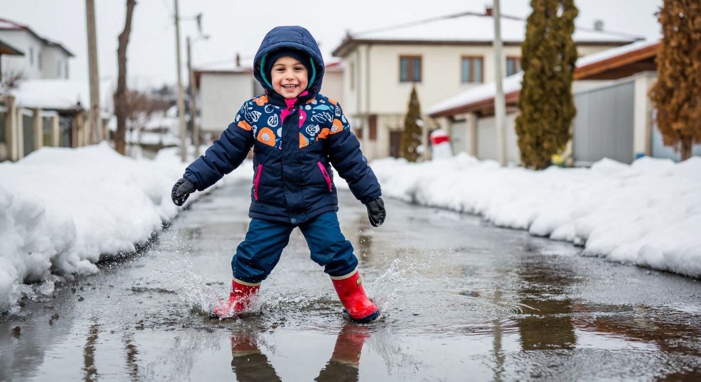 A smiling child in a colorful winter jacket and waterproof FLO snow boots happily splashes through a snowy puddle in a Turkish neighborhood, with snow-covered rooftops and bare trees in the background.