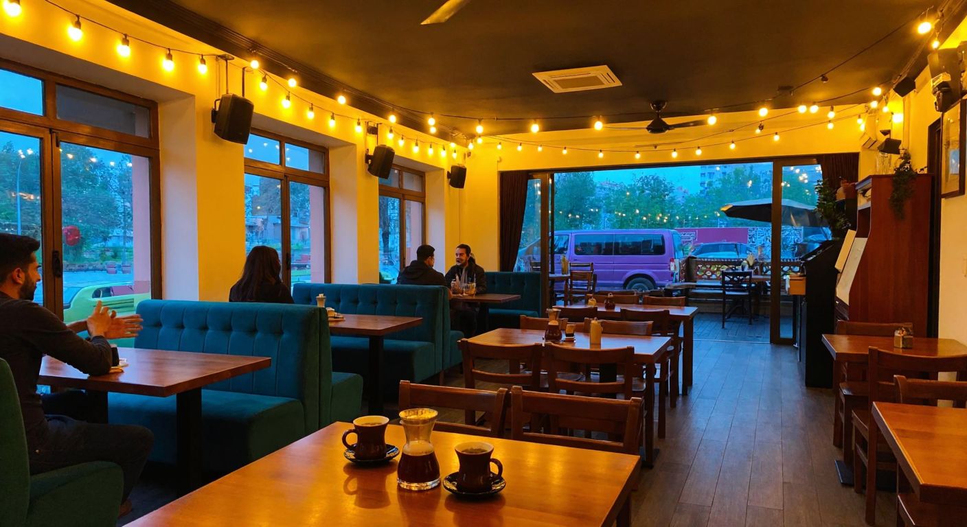 A cozy café in İzmir's Balçova district with wooden tables, steaming Turkish coffee cups, and a small live music stage, where cheerful guests chat under warm string lights.