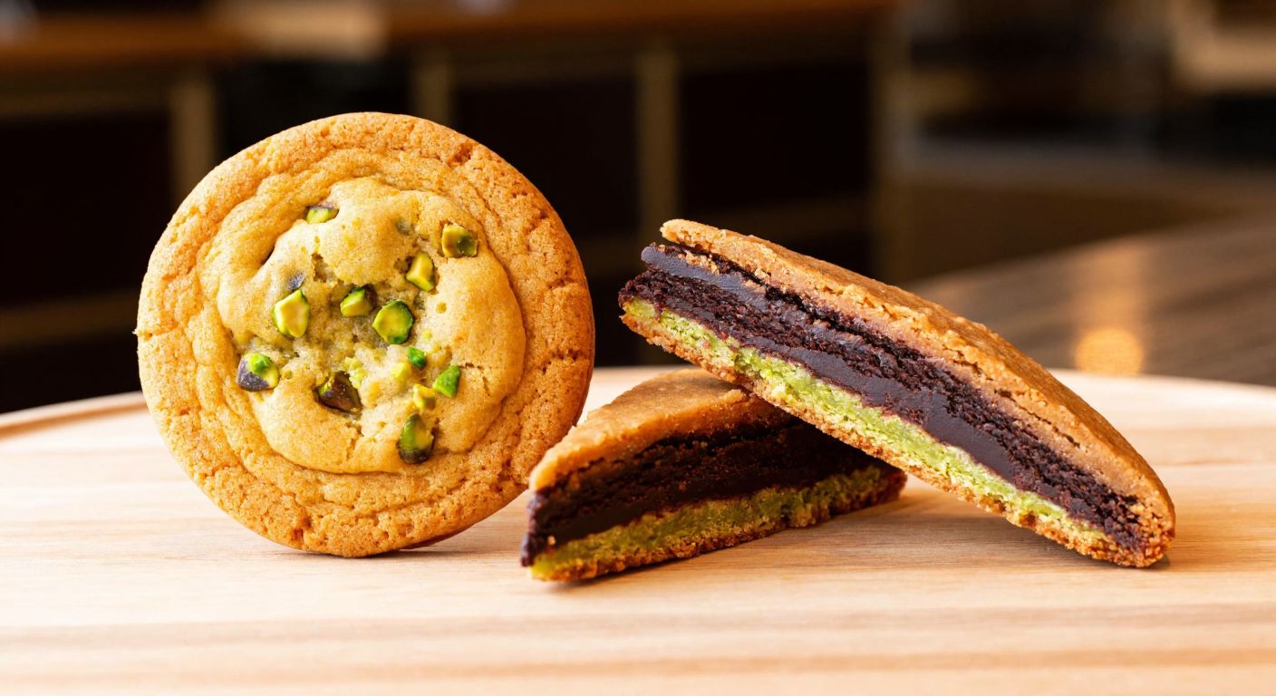 A golden-brown Dubai cookie with a crispy exterior and soft pistachio filling sits beside a rich chocolate bar layered with shredded pastry and pistachio paste, both on a wooden table with a warm, inviting glow.