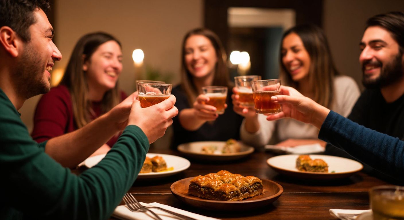A warm, dimly lit Turkish dining room with a group of friends laughing around a wooden table, clinking small glasses of amber-colored Amaro liqueur after a meal, while a plate of baklava sits half-finished nearby.