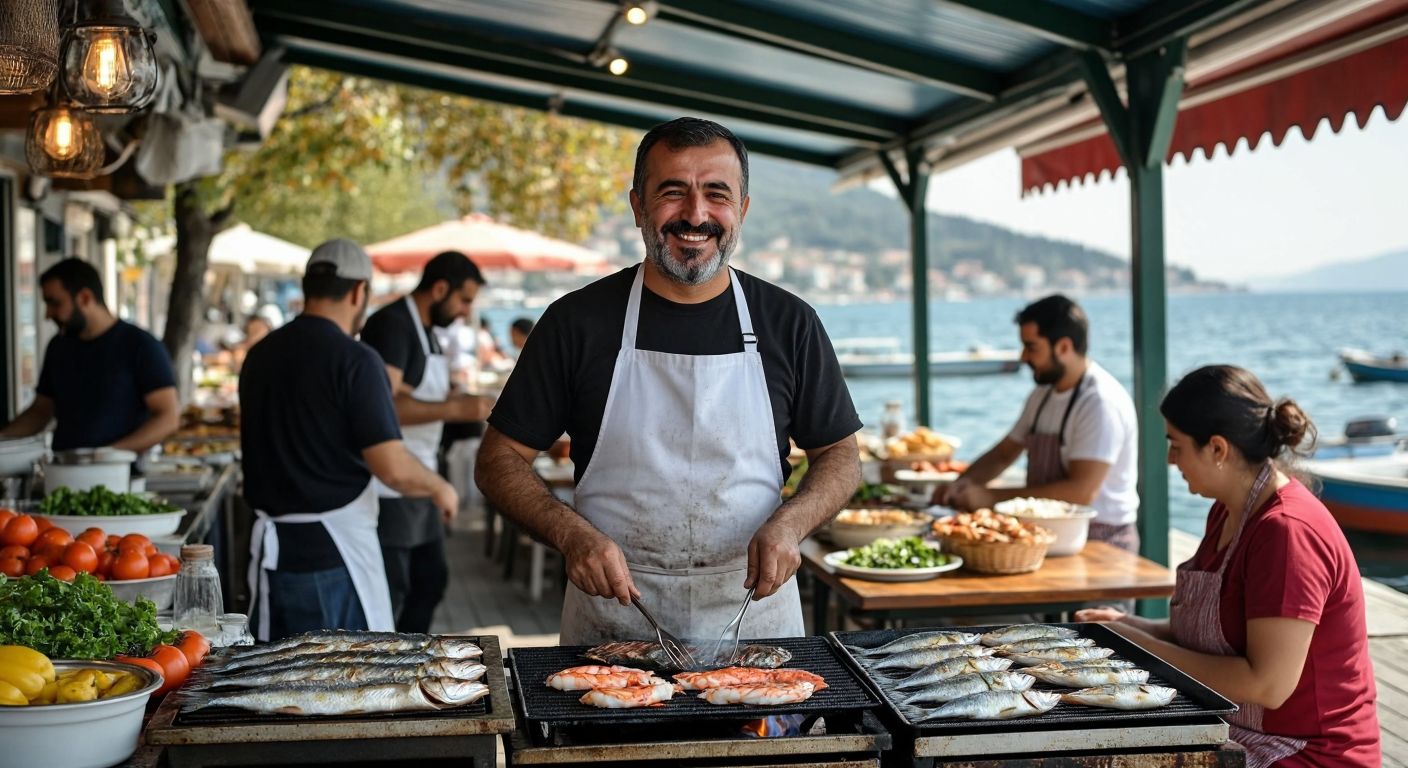 A bustling seaside restaurant in Bursa with a smiling middle-aged man in an apron (Mustafa Bilgili) grilling fresh fish, while another cozy harbor-side eatery in Erdek features a bearded man (Ekrem Ünal) serving steaming seafood to cheerful customers.