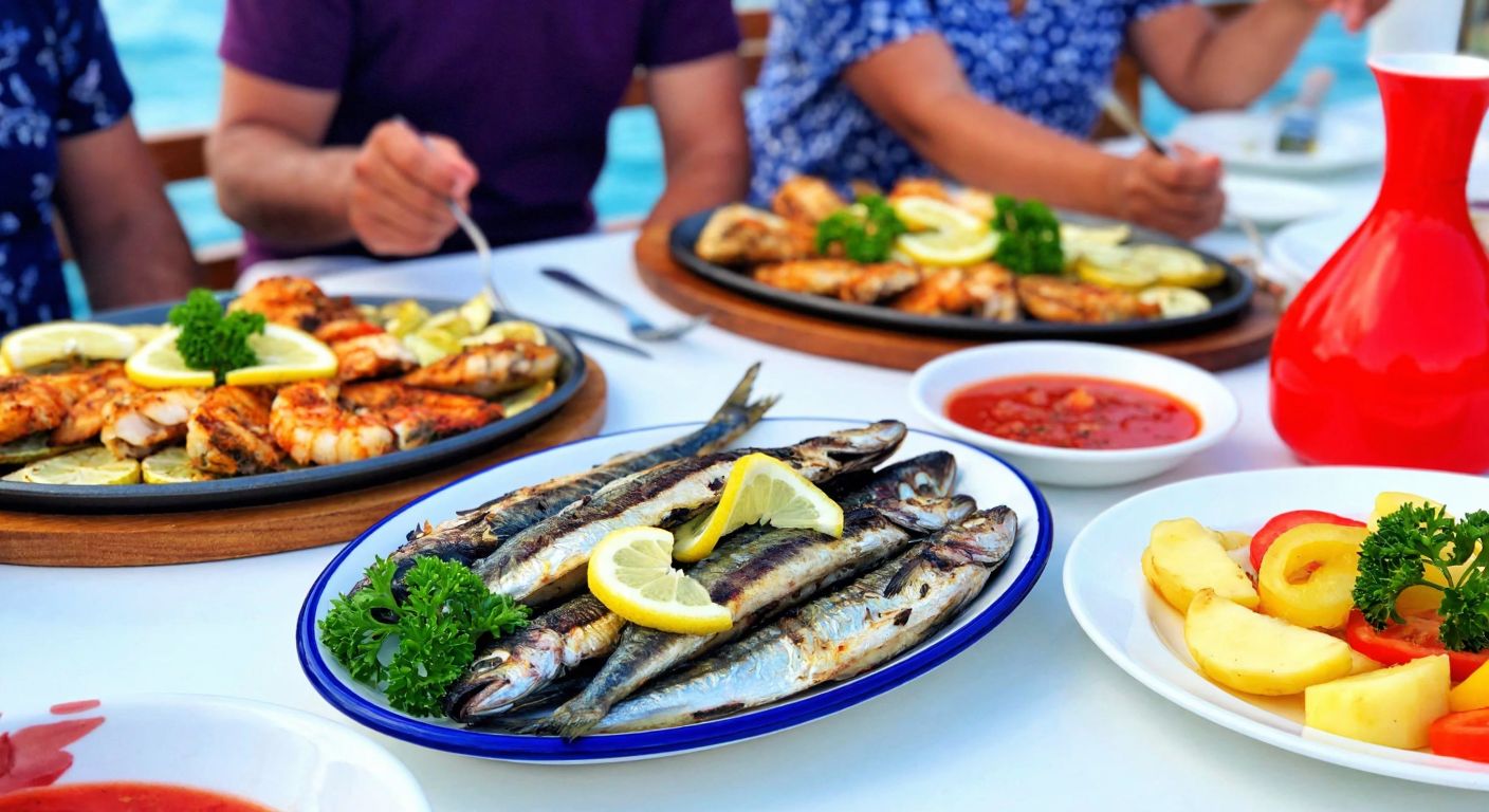 A vibrant Turkish seaside table set with a fresh plate of grilled hamsi and palamut, garnished with lemon slices and parsley, surrounded by a family sharing the meal with joyful expressions.