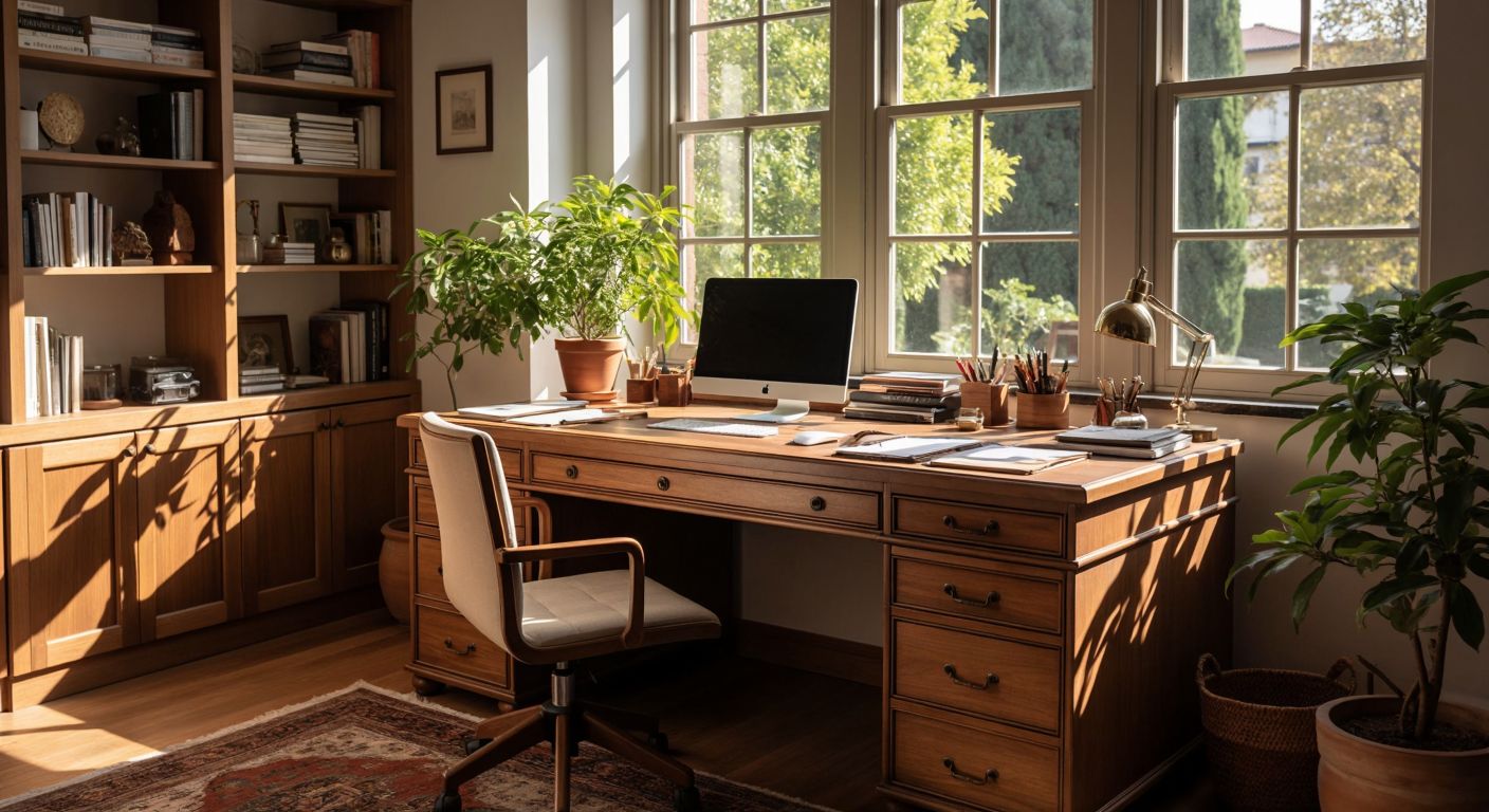 A sleek wooden desk with multiple drawers sits in a sunlit Turkish home office, neatly organized with stationery and documents tucked inside, conveying efficiency and tidiness.