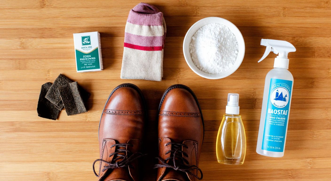 A pair of brown leather shoes on a wooden floor, with a small bowl of baking soda, a sock filled with cat litter, dried tea bags, a bottle of vinegar, and a shoe deodorant spray neatly arranged beside them.