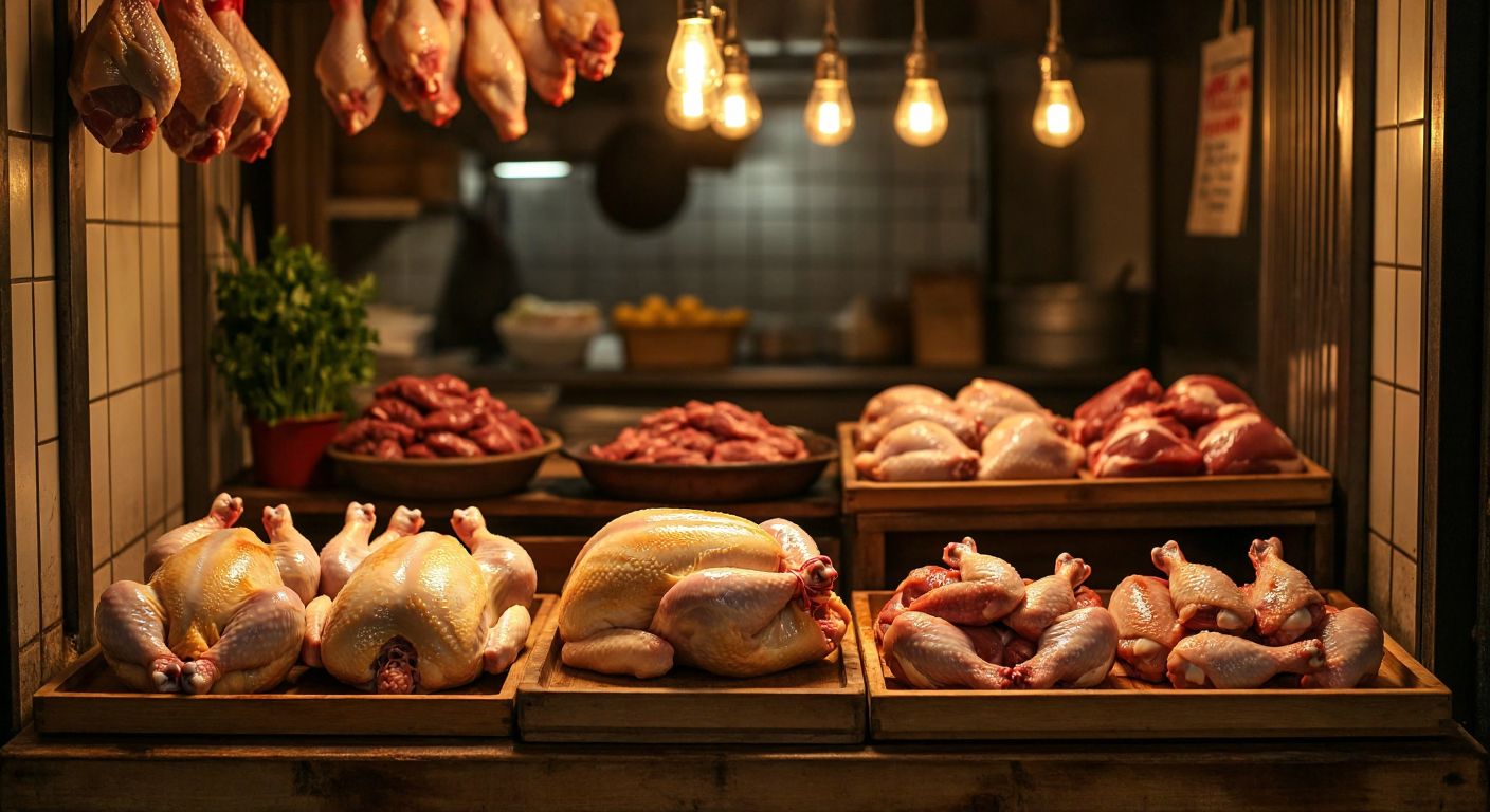 A rustic Turkish butcher shop display with a whole plucked chicken (bütün piliç) on one wooden tray and separated chicken pieces (tek piliç) like drumsticks and wings on another, under warm golden light.