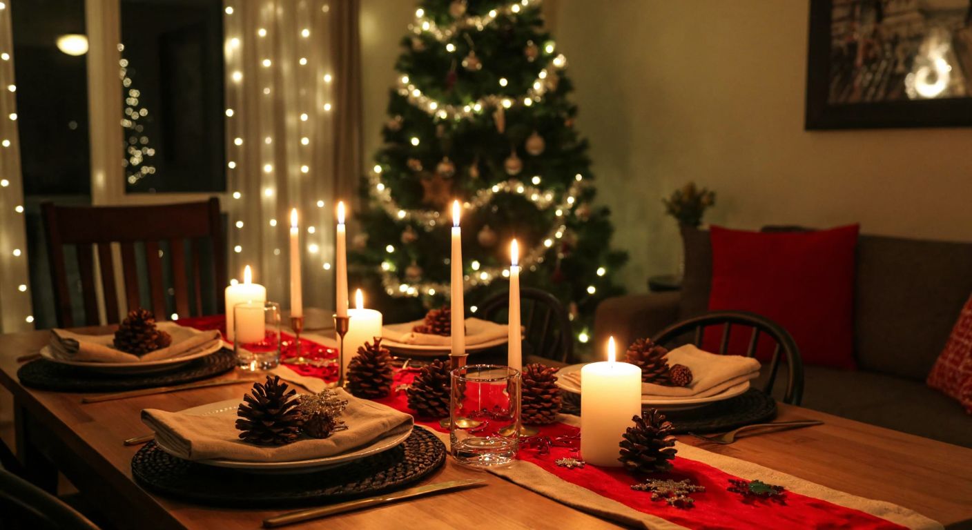 A cozy Turkish living room adorned with twinkling fairy lights, a decorated Christmas tree, and a festive table set with candles, pinecones, and elegant napkins, while guests laugh and play board games nearby.