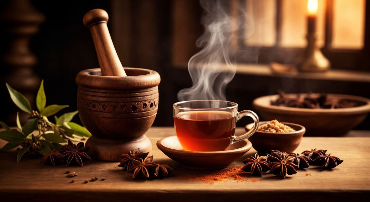 A warm Turkish kitchen with a wooden mortar and pestle crushing star anise pods, steam rising from a cup of fragrant tea, and a bowl of traditional dessert nearby, evoking comfort and natural healing.