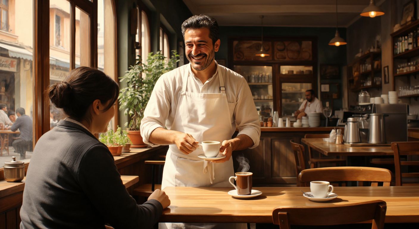A cozy café with warm wooden tables, a smiling middle-aged Turkish man (Ferit Alkan) in a crisp white apron serving a steaming cup of Turkish coffee to a delighted customer.