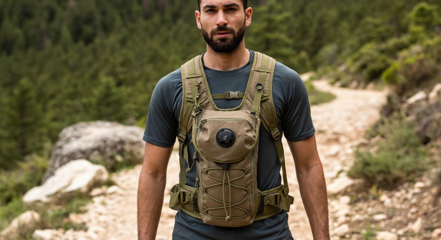 A rugged, olive-green tactical chest pack with a built-in water bladder, worn by a hiker with a determined expression, standing on a rocky trail in a Turkish forest.