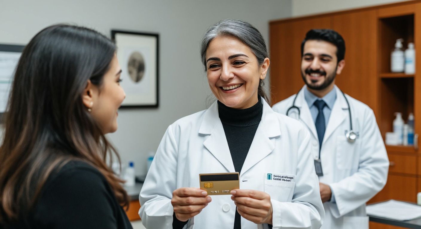 A middle-aged Turkish woman in a medical clinic, holding a credit card and a printed receipt, smiling with relief as a doctor in a white coat nods approvingly nearby.