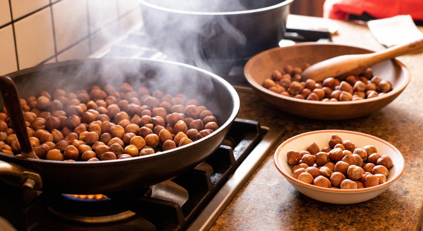 A warm Turkish kitchen with golden hazelnuts roasting in a pan over a stove, steam rising as a wooden spoon stirs them, while a bowl of fresh hazelnuts sits nearby on a rustic counter.