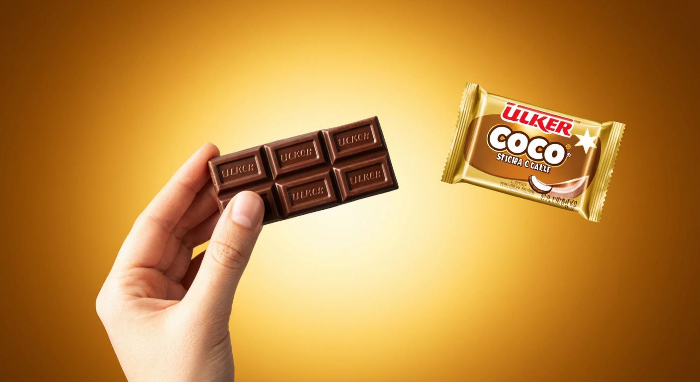 A hand holding a piece of Ülker Coco-Star chocolate against a warm, golden background, with a relaxed smile on the person's face, conveying relief and satisfaction.