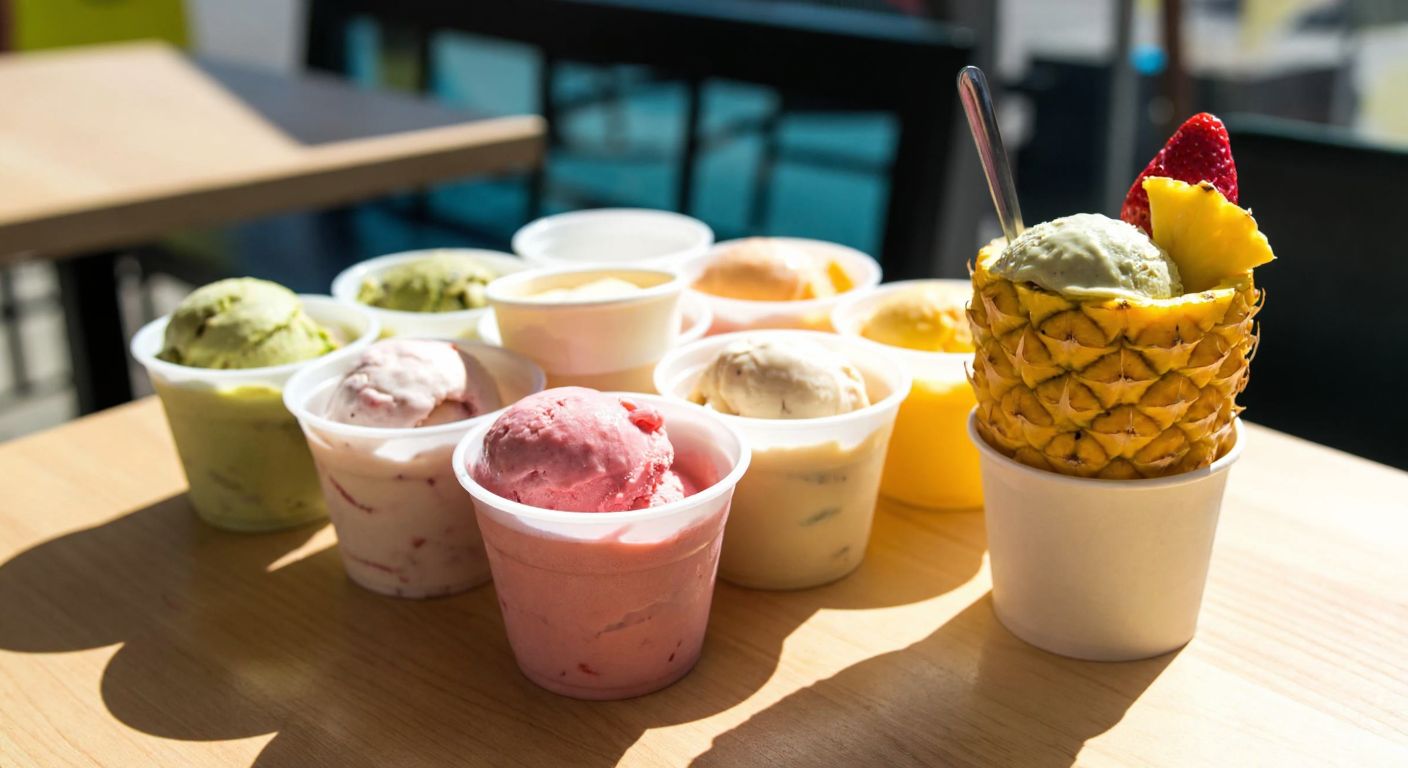 A colorful array of plastic cups filled with various ice cream flavors—scoops of pistachio, strawberry, and vanilla in compartmentalized containers, alongside a small cardboard cup with a single creamy portion, and a pineapple-shaped cup holding a fruity scoop, all placed on a sunlit wooden table in a Turkish café.