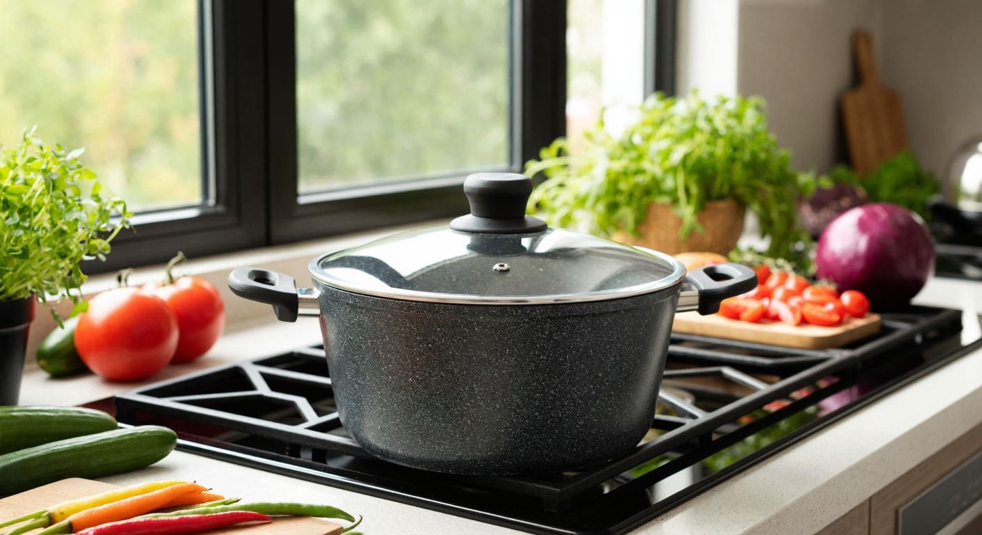 A gleaming dark gray granite pot with a smooth, non-stick surface sits on a modern stovetop in a sunlit Turkish kitchen, surrounded by fresh vegetables and herbs, evoking durability and home-cooked warmth.
