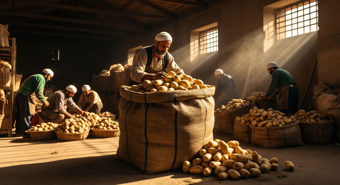 A large, sturdy woven big bag filled with fresh potatoes sits in a sunlit Turkish warehouse, with farmers in traditional work clothes carefully stacking more bags nearby.