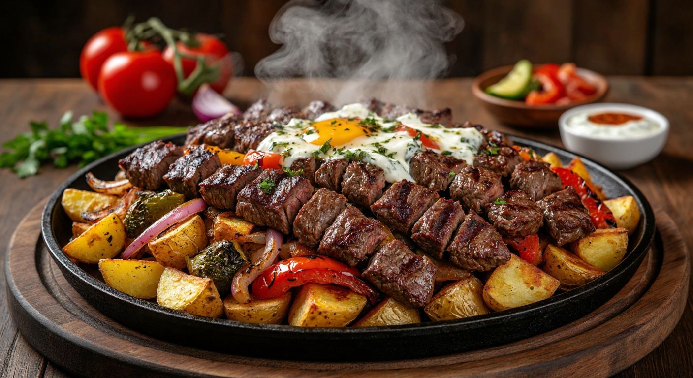 A sizzling platter of Çökertme Kebab—juicy grilled beef strips over crispy potatoes, drizzled with garlic yogurt and browned butter—surrounded by vibrant grilled vegetables, with steam rising invitingly against a rustic wooden table backdrop.