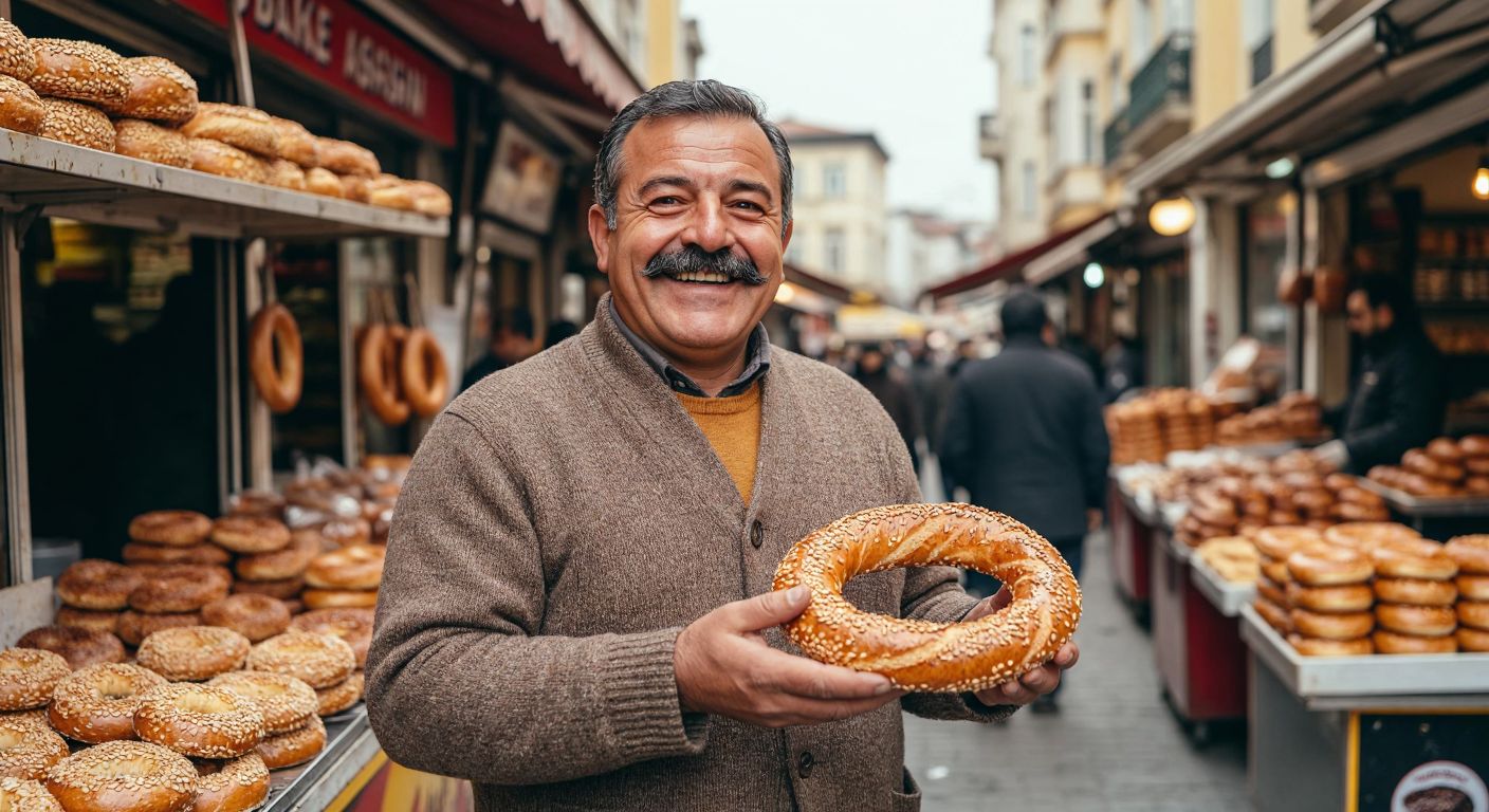 A cheerful, middle-aged man with a thick mustache stands proudly in front of a bustling Istanbul simit stall, holding a golden-brown sesame-crusted simit while the warm aroma of freshly baked bread fills the air.