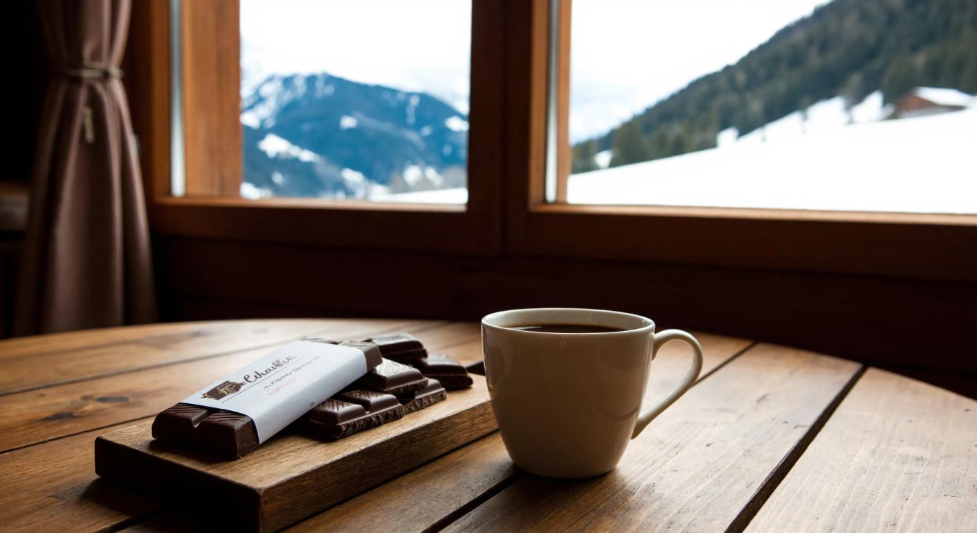 A rustic wooden table in a Swiss alpine cottage with a neatly wrapped Chocolette chocolate bar beside a steaming cup of hot cocoa, surrounded by snow-capped mountain views through a window.