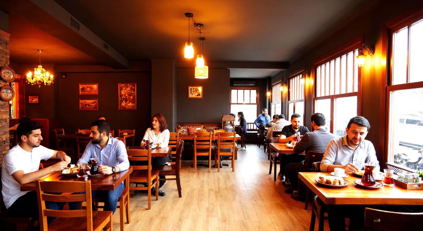 A cozy café in Turkey with warm lighting, wooden tables, and patrons enjoying traditional Turkish tea and desserts, with no alcoholic beverages in sight.
