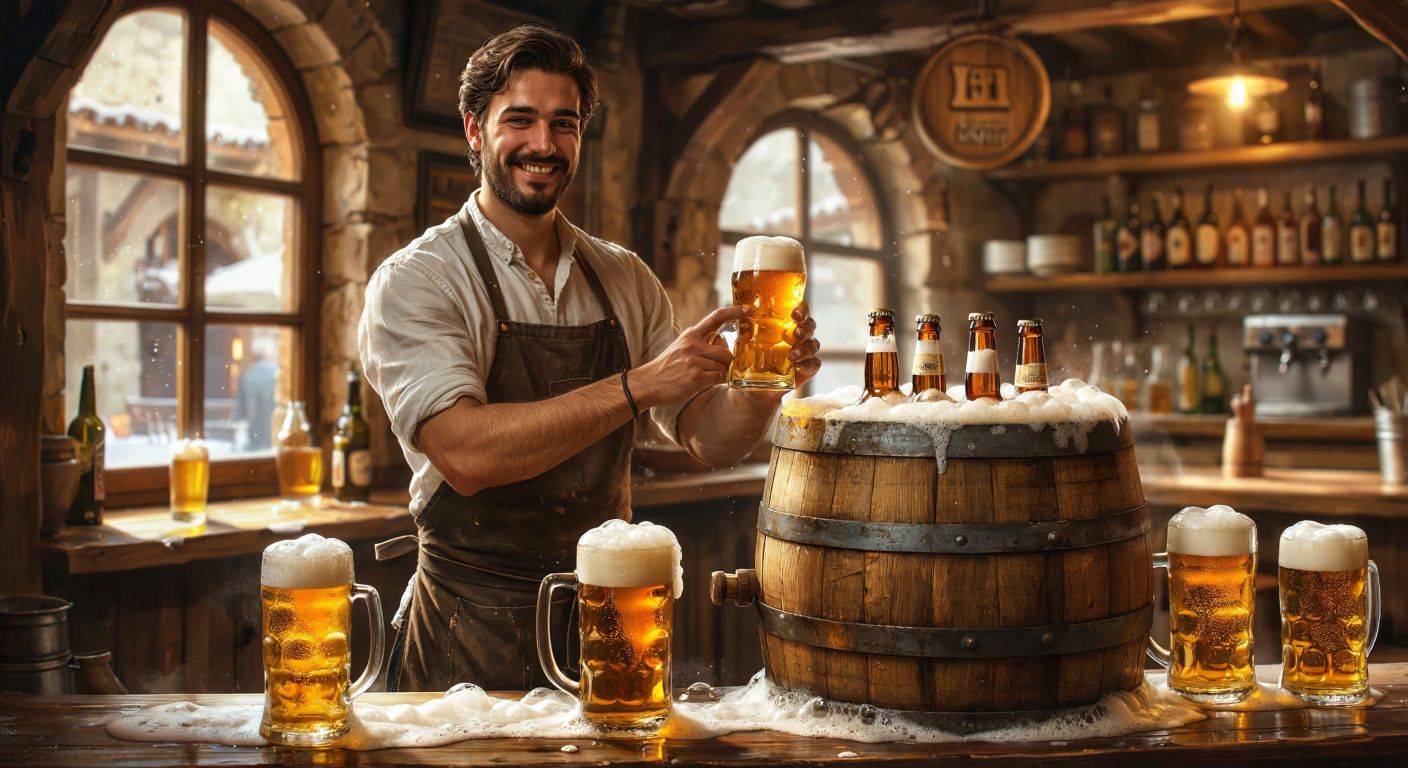 A wooden beer barrel surrounded by frothy golden beer in a rustic Turkish tavern, with a smiling bartender in an apron holding a freshly poured glass.