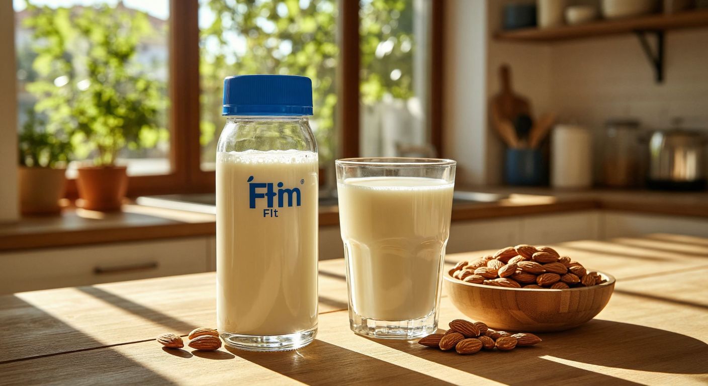 A glass of creamy milk labeled "İçim Fit" sits beside a regular glass of milk on a wooden table in a sunlit Turkish kitchen, with a protein-rich snack like nuts or yogurt nearby.