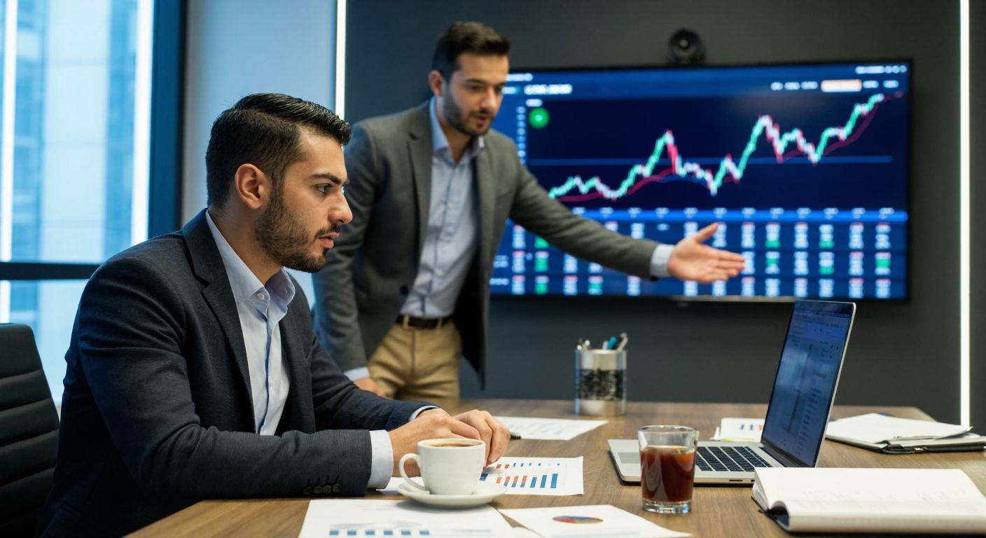 A focused Turkish businessperson in a modern office, analyzing financial charts on a desk with a laptop, a steaming cup of Turkish coffee, and scattered reports, while a second person gestures toward a large screen displaying market trends.