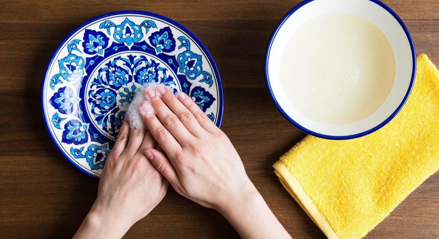 A pair of hands gently wiping a vibrant blue-and-white Turkish çini plate with a soft yellow cloth beside a bowl of warm soapy water on a wooden table.
