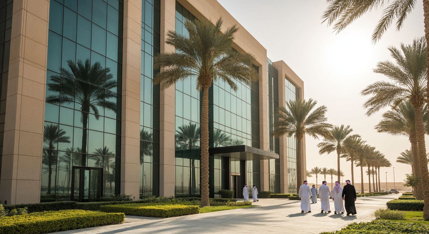 A modern office building in Jeddah with a sleek glass facade, surrounded by palm trees under a bright desert sun, with professionals in traditional Saudi attire entering the building.