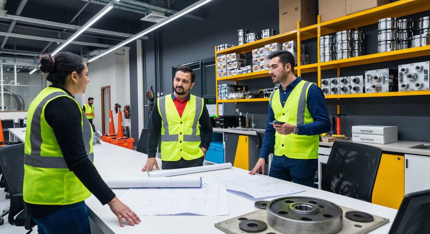 A modern industrial office in Istanbul with Turkish professionals in safety vests discussing machinery maintenance plans over blueprints spread on a table, surrounded by shelves of mechanical parts.
